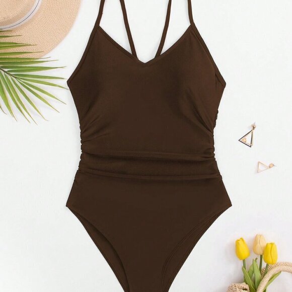 Coffee Brown Women's Summer Beach Cut Out Back One-Piece Swimsuit Bathing Suit - Picture 7 of 8